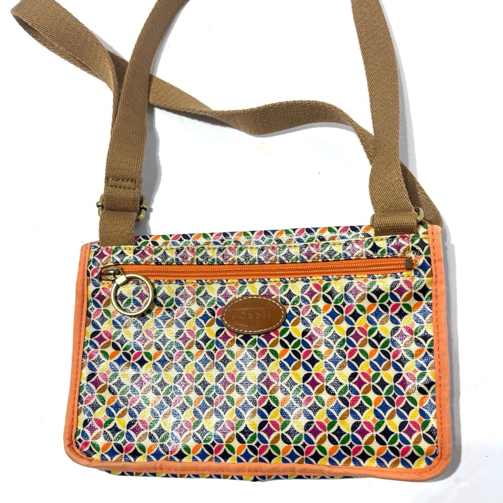 FOSSIL Coated Canvas Cross-body Shoulder Purse Geometric Multi Color Mini keyper